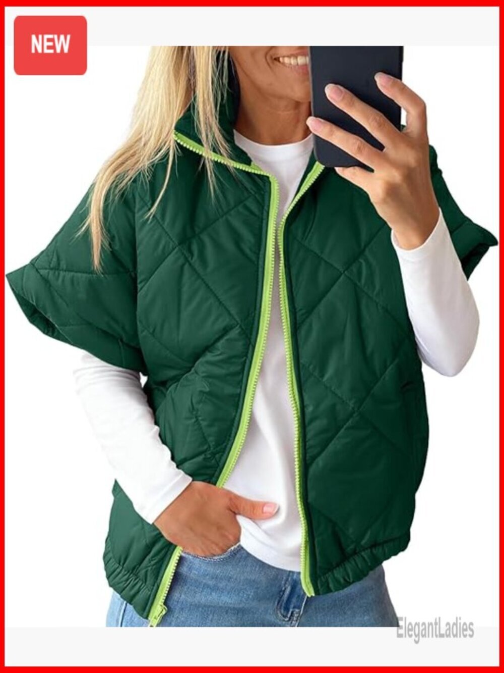Lightweight Quilted Puffer Vest, Cap Sleeve, Zipper Closure, Loose Fit